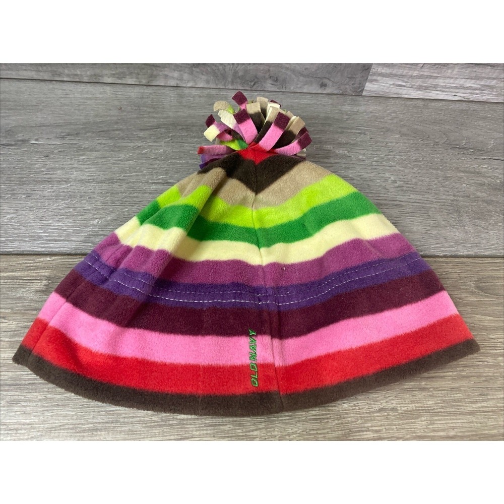 Old Navy Stripe Fleece Beanie Hat OS Multicolor Excellent Pom Pom Winter Logo